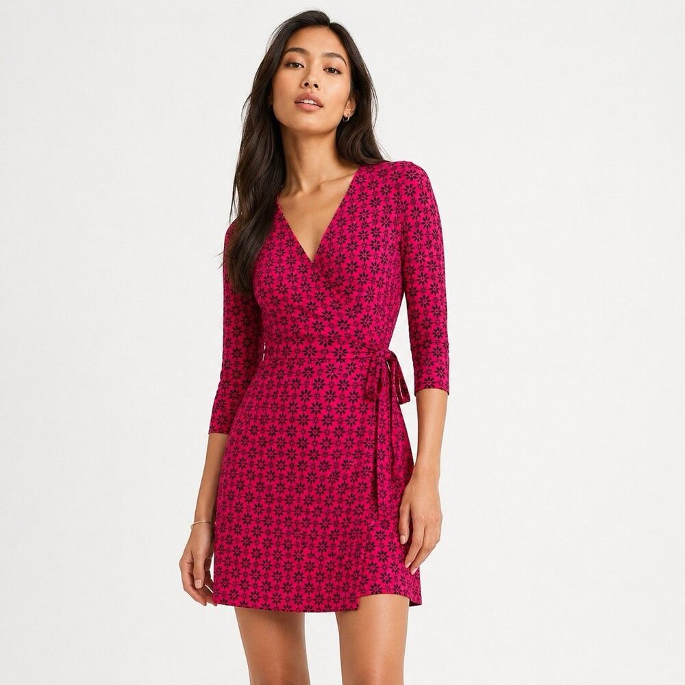 Diane von Furstenberg Julian Fuchsia Pink Black Mini Wrap Dress Women's 0